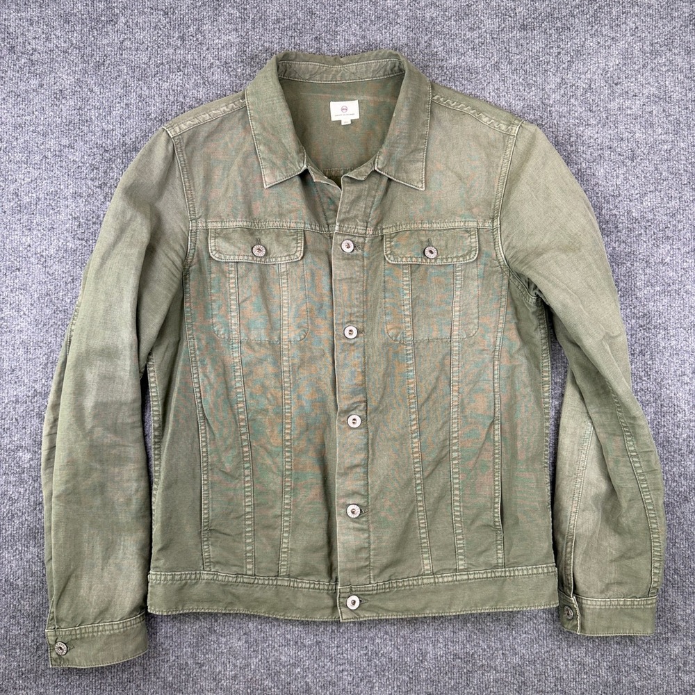 AG Adriano Goldschmied Trucker Jacket Mens L Military Green Linen Cotton Western